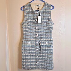 English Factory Blue Pink Mini Tweed  Sleeveless Dress Chanel Vibes Size M NWT